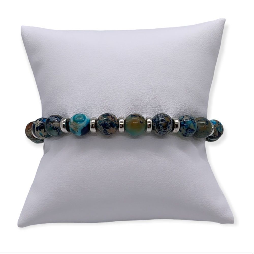 NWT Wool + Pepper Co. Blue Imperial Jasper & Silver Beaded Bracelet